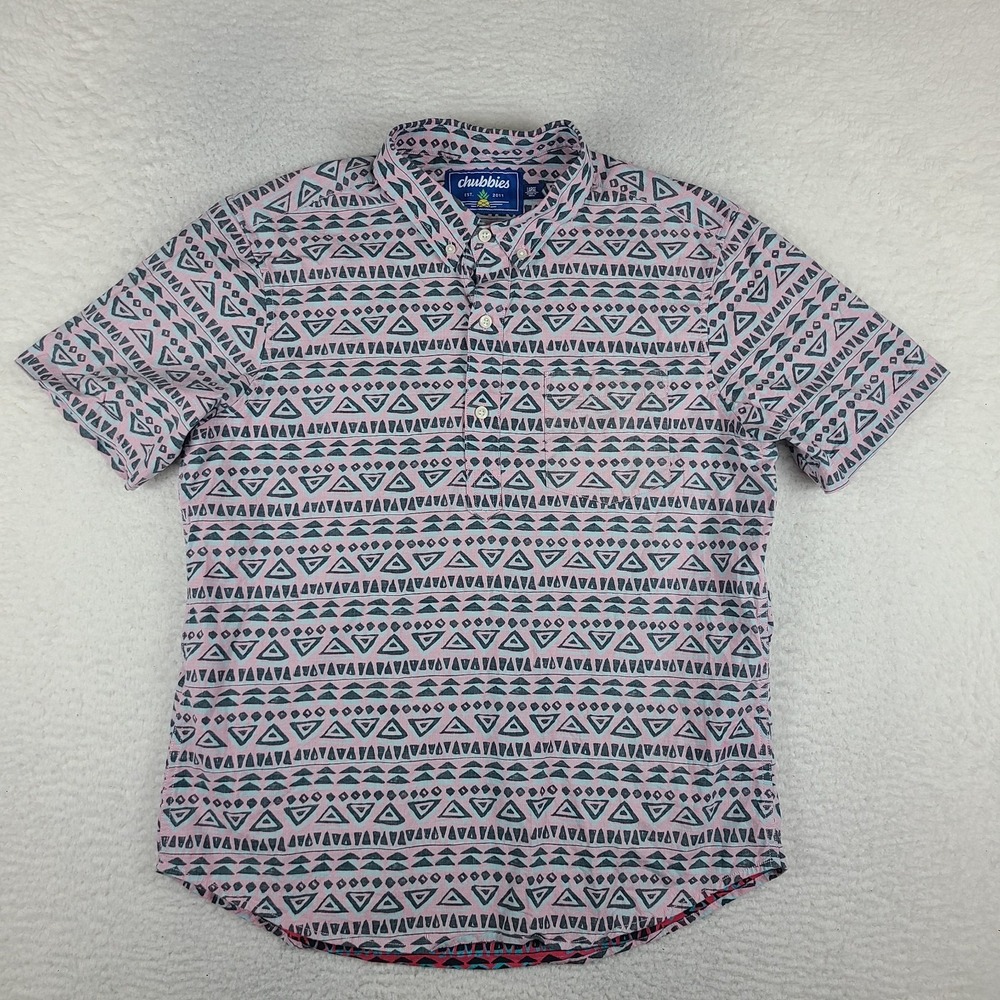 Chubbies Polo Shirt Mens Large Blue Purple Hawaiian Aztec Aloha Short Sleeve